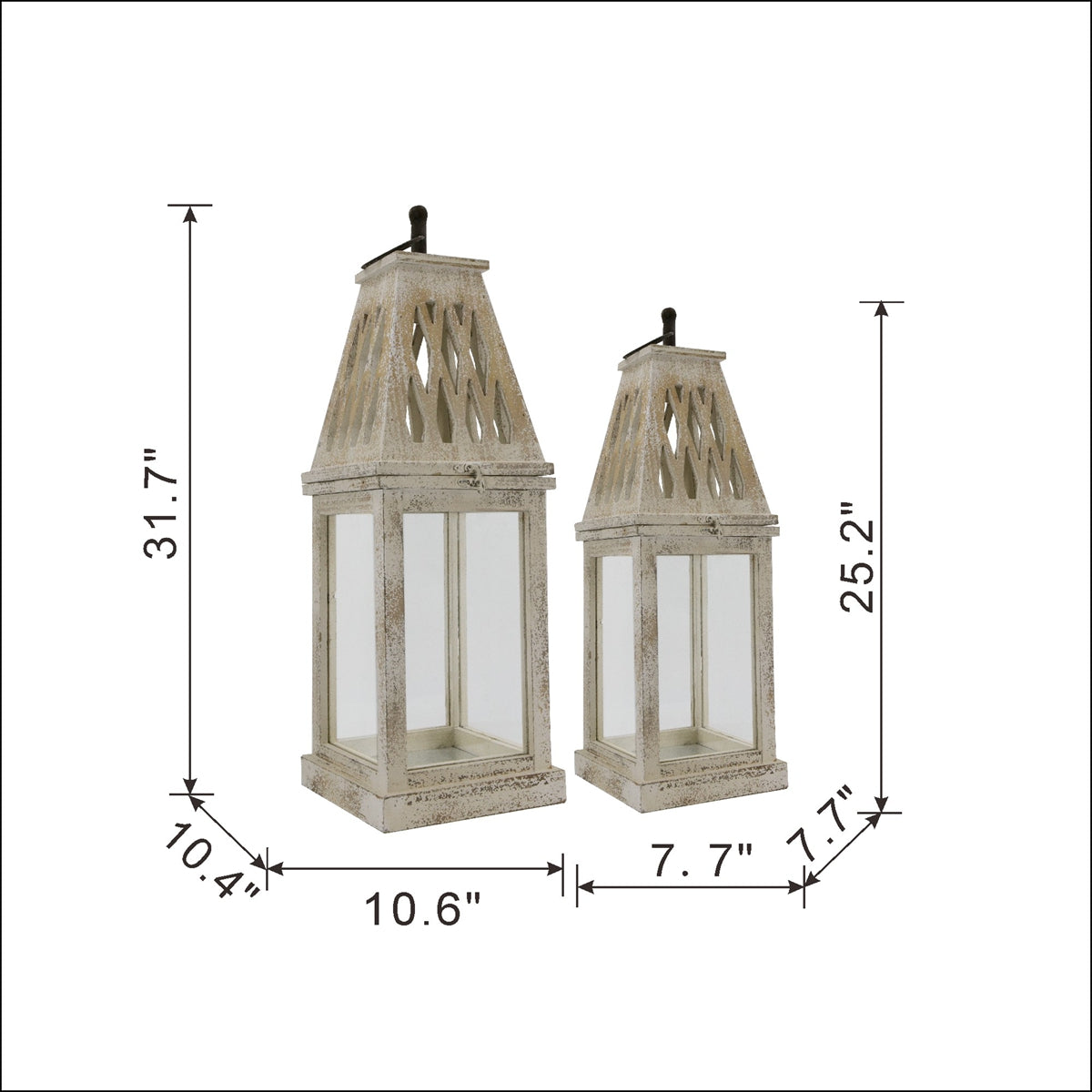 Weathered White Wood and Glass Lanterns Set of 2 - Image 3
