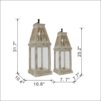 Weathered White Wood and Glass Lanterns Set of 2 - Image 3