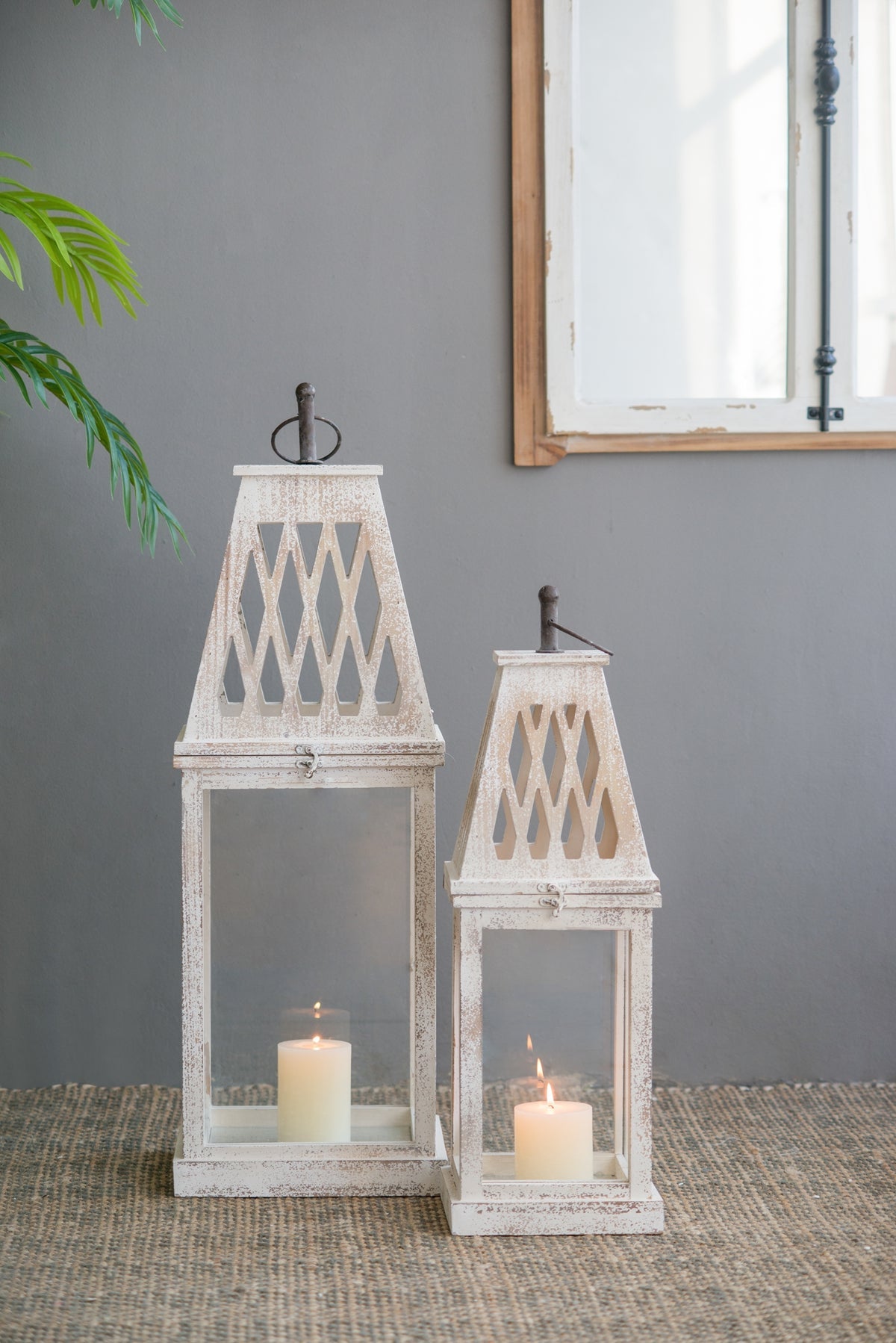 Weathered White Wood and Glass Lanterns Set of 2 - Image 2