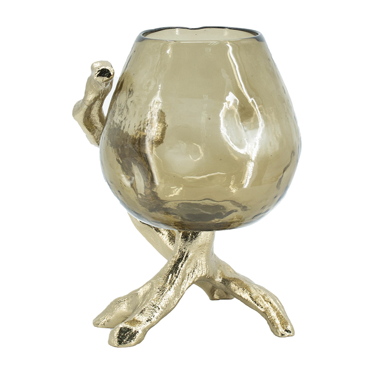 Gold Metal Pillar Candle Holder with Olive Glass Cup - Image 3