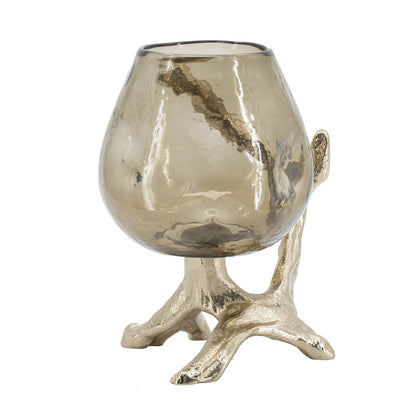 Gold Metal Pillar Candle Holder with Olive Glass Cup - Image 6