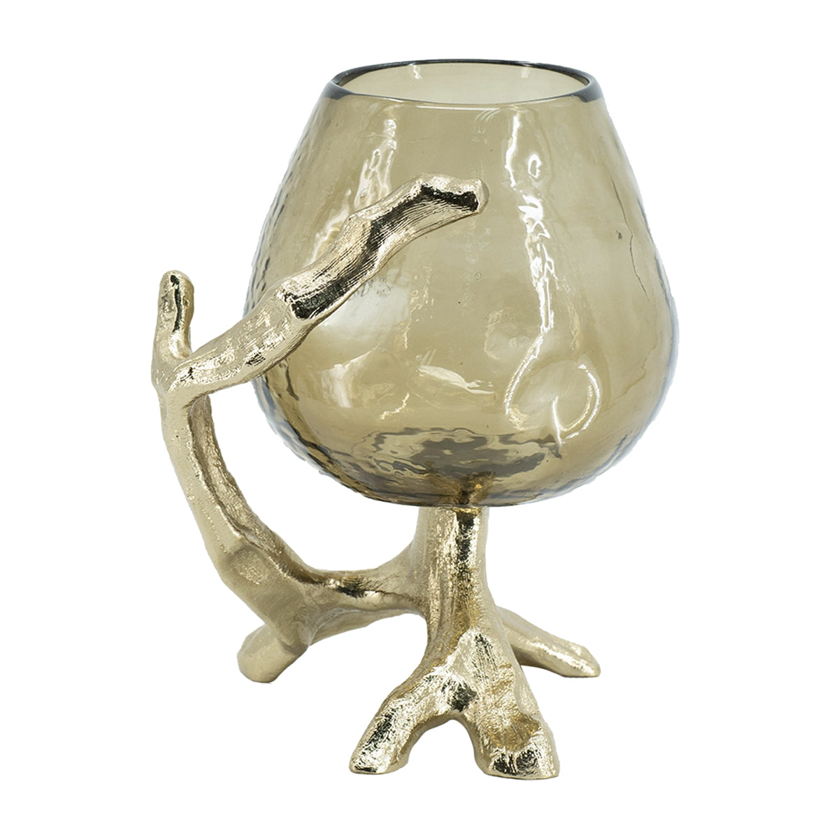 Gold Metal Pillar Candle Holder with Olive Glass Cup - Image 1
