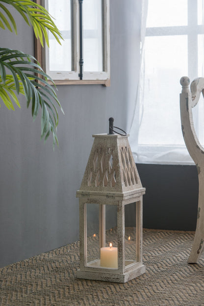 Weathered White Wood and Glass Lanterns Set of 2 - Image 5