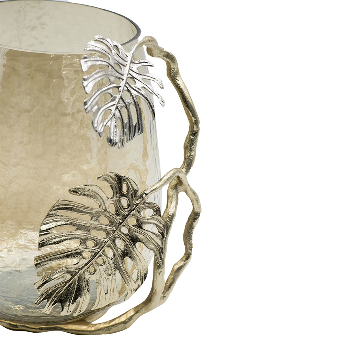 Palm Leaf Metal and Smoke Glass Candle Holder - Image 8