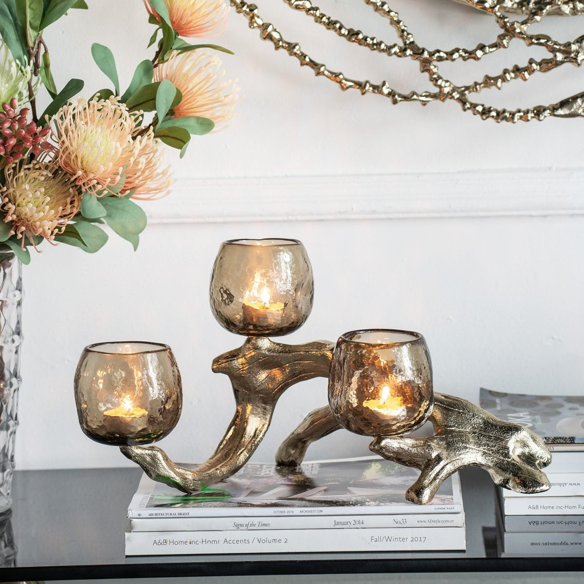 Gold Branch Triple Votive Candle Holder with Glass Cups - Image 2