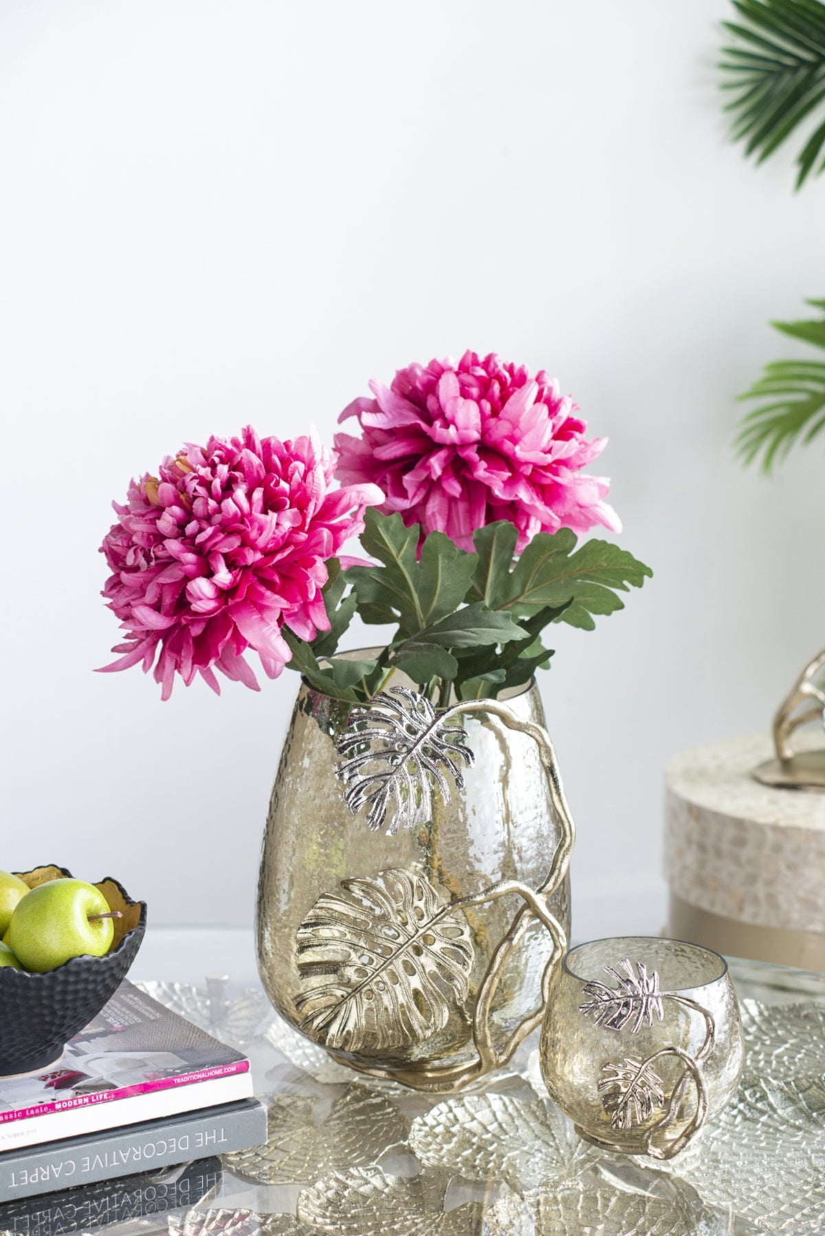 Palm Leaf Metal and Smoke Glass Candle Holder - Image 17
