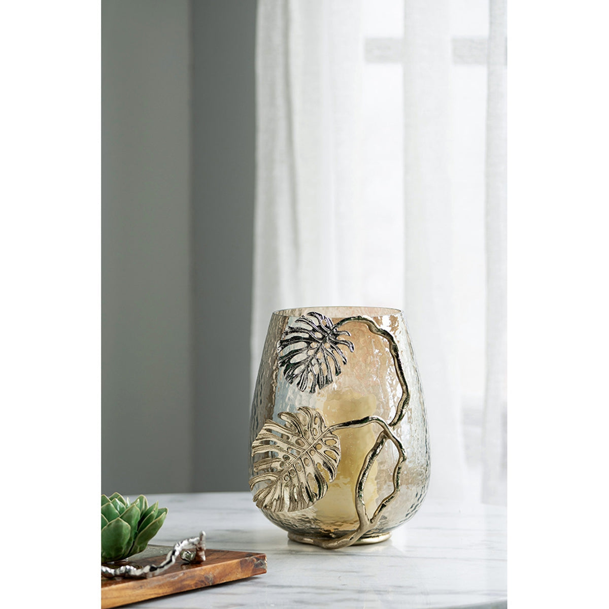 Palm Leaf Metal and Smoke Glass Candle Holder - Image 2