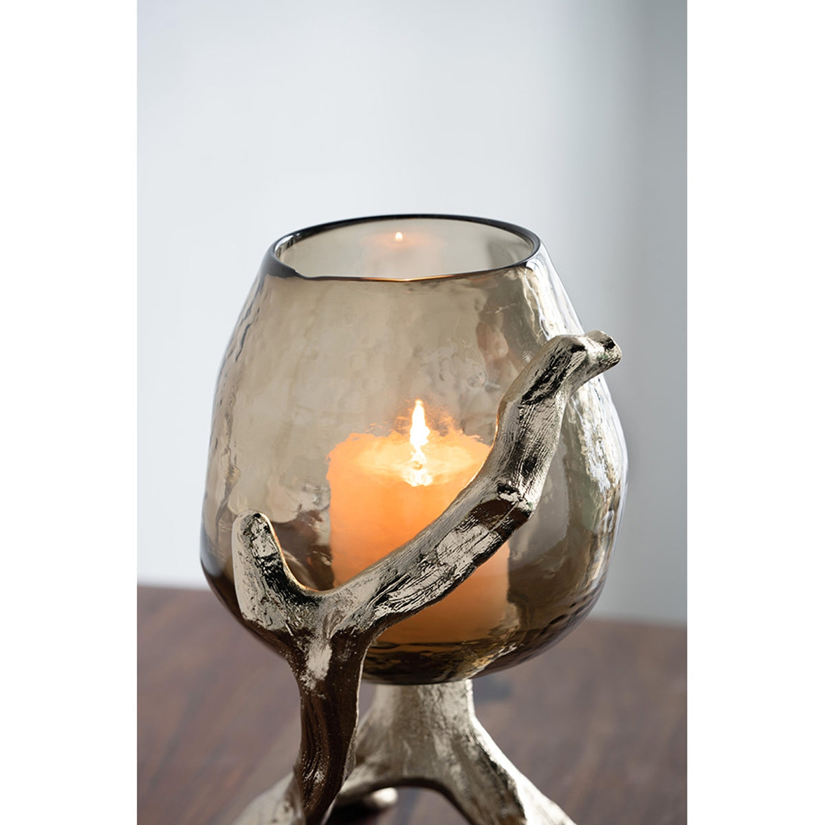 Gold Metal Pillar Candle Holder with Olive Glass Cup - Image 11