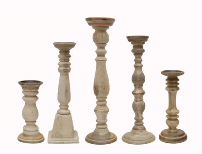 Distressed Brown Wood Pillar Candle Holders Set of 5 - Image 3