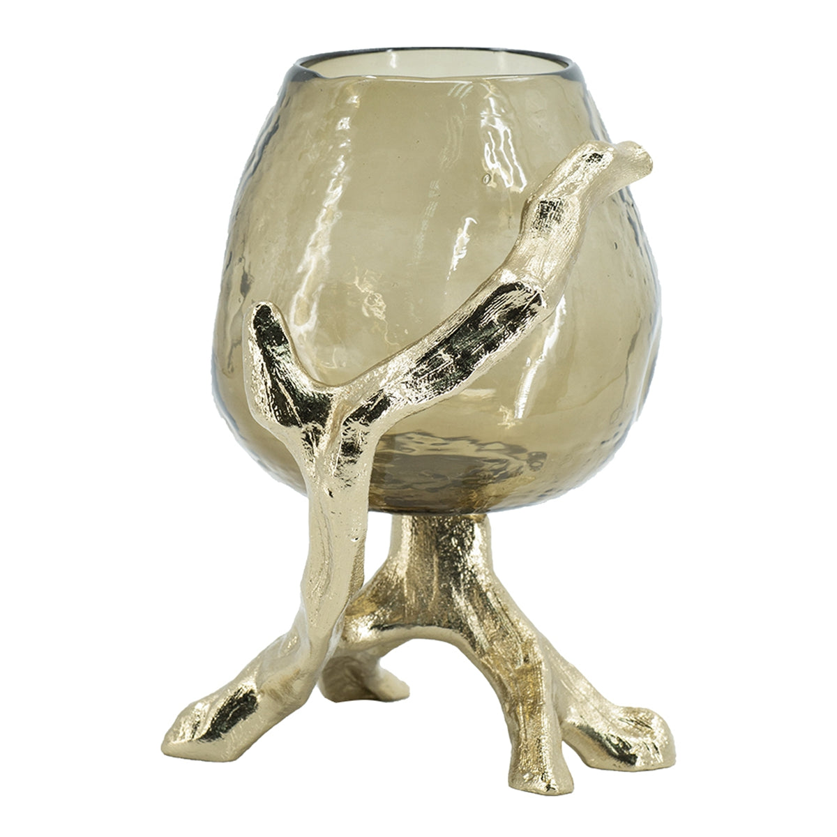 Gold Metal Pillar Candle Holder with Olive Glass Cup - Image 4