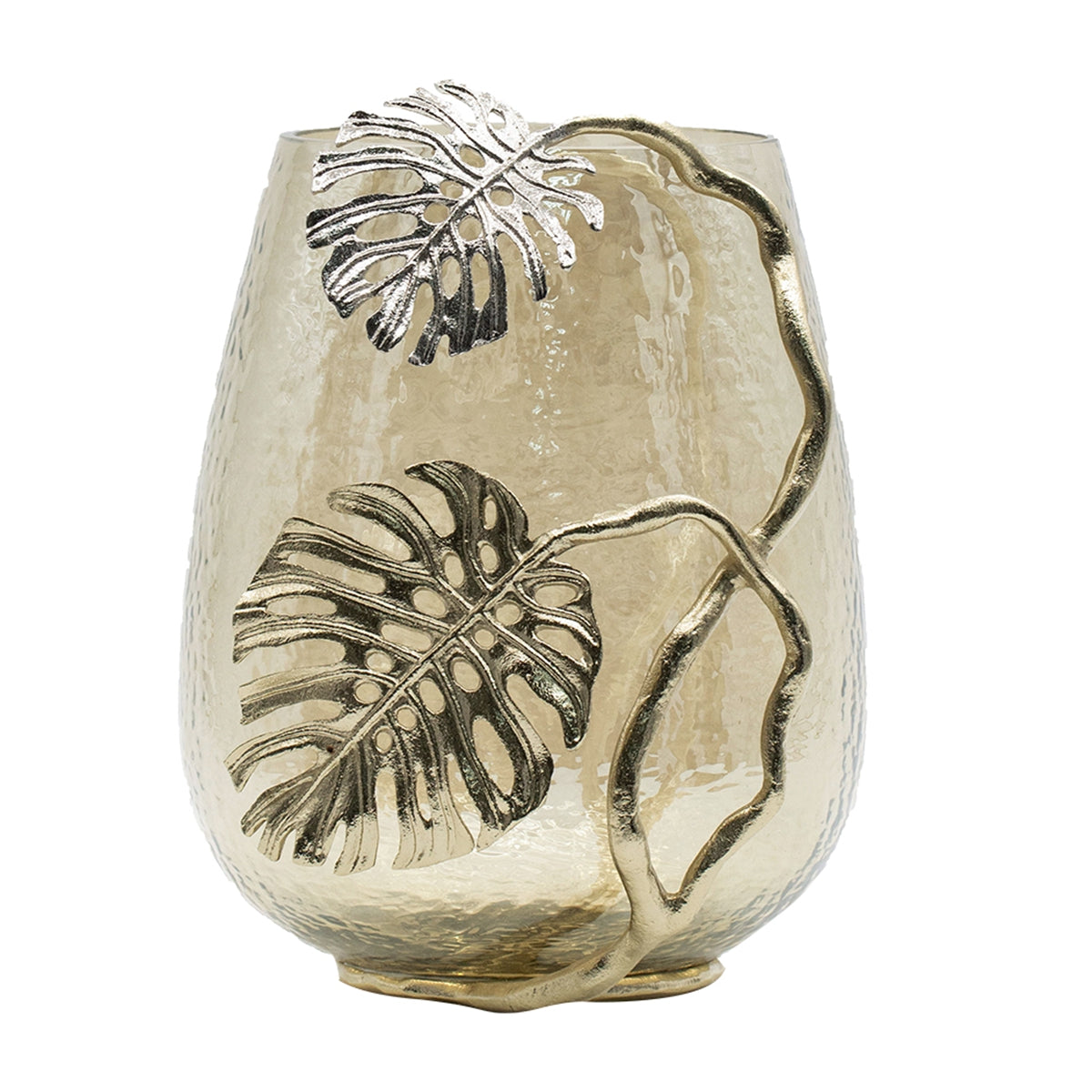 Palm Leaf Metal and Smoke Glass Candle Holder - Image 1