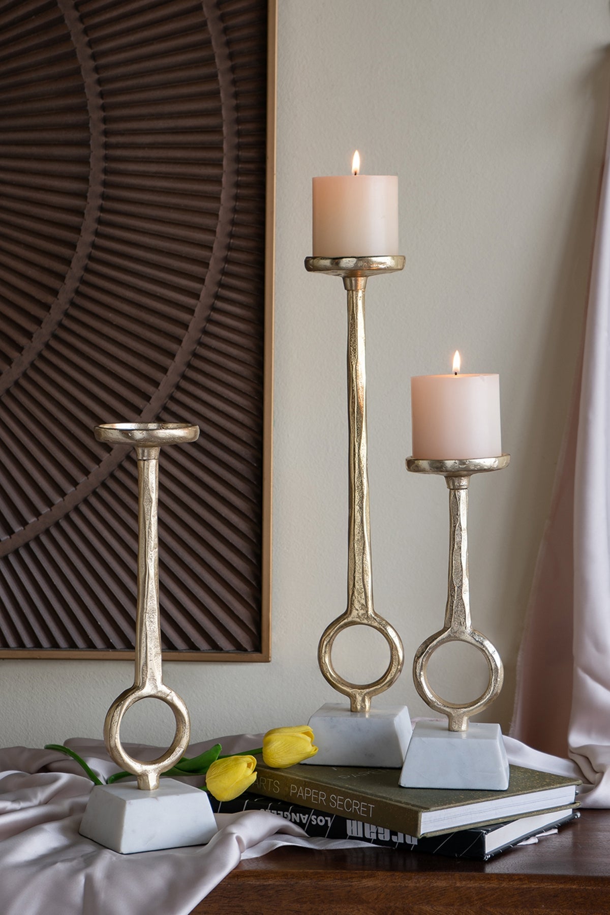 Gold Ring Pillar Candle Holders with Marble Bases Set of 3 - Image 2