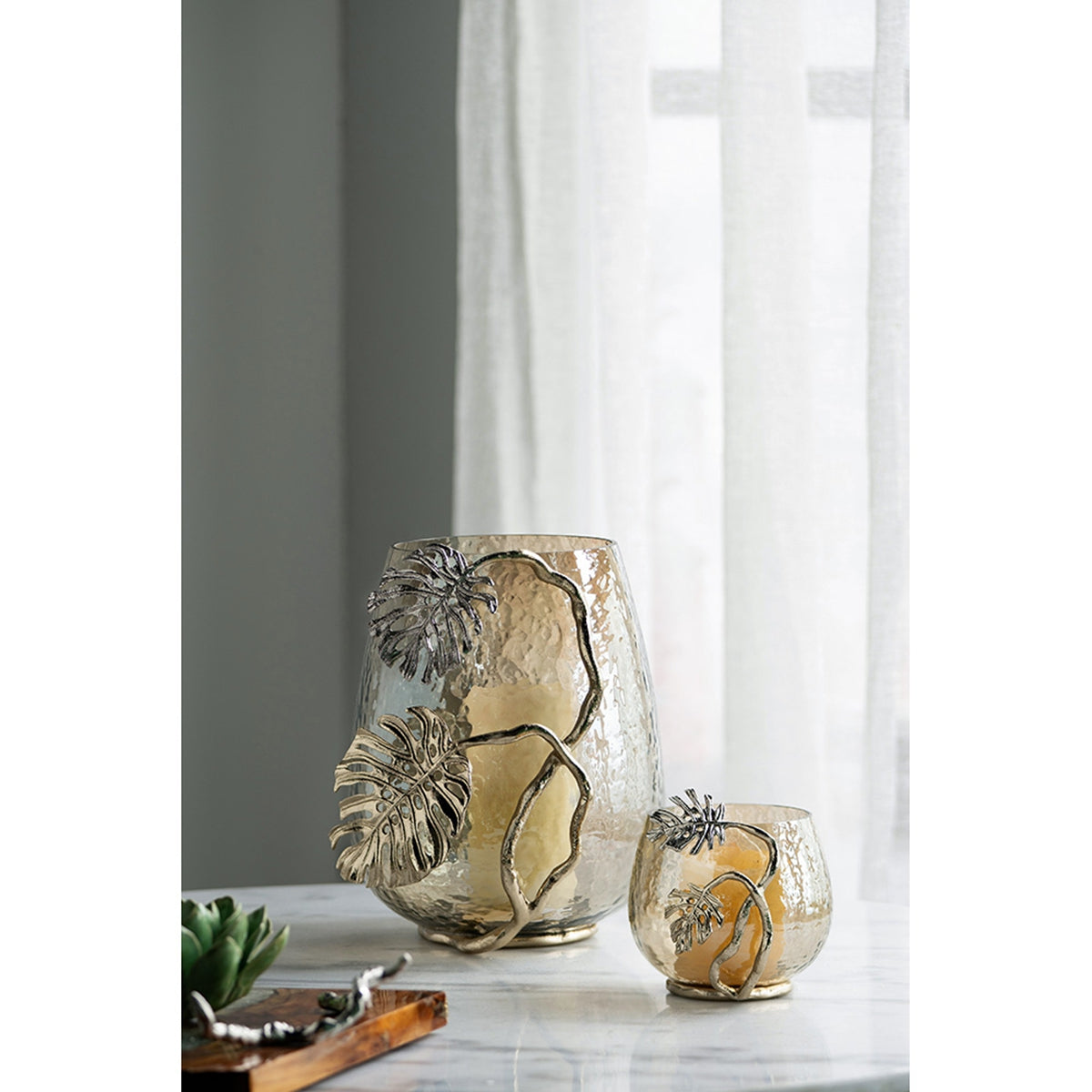 Palm Leaf Metal and Smoke Glass Candle Holder - Image 14