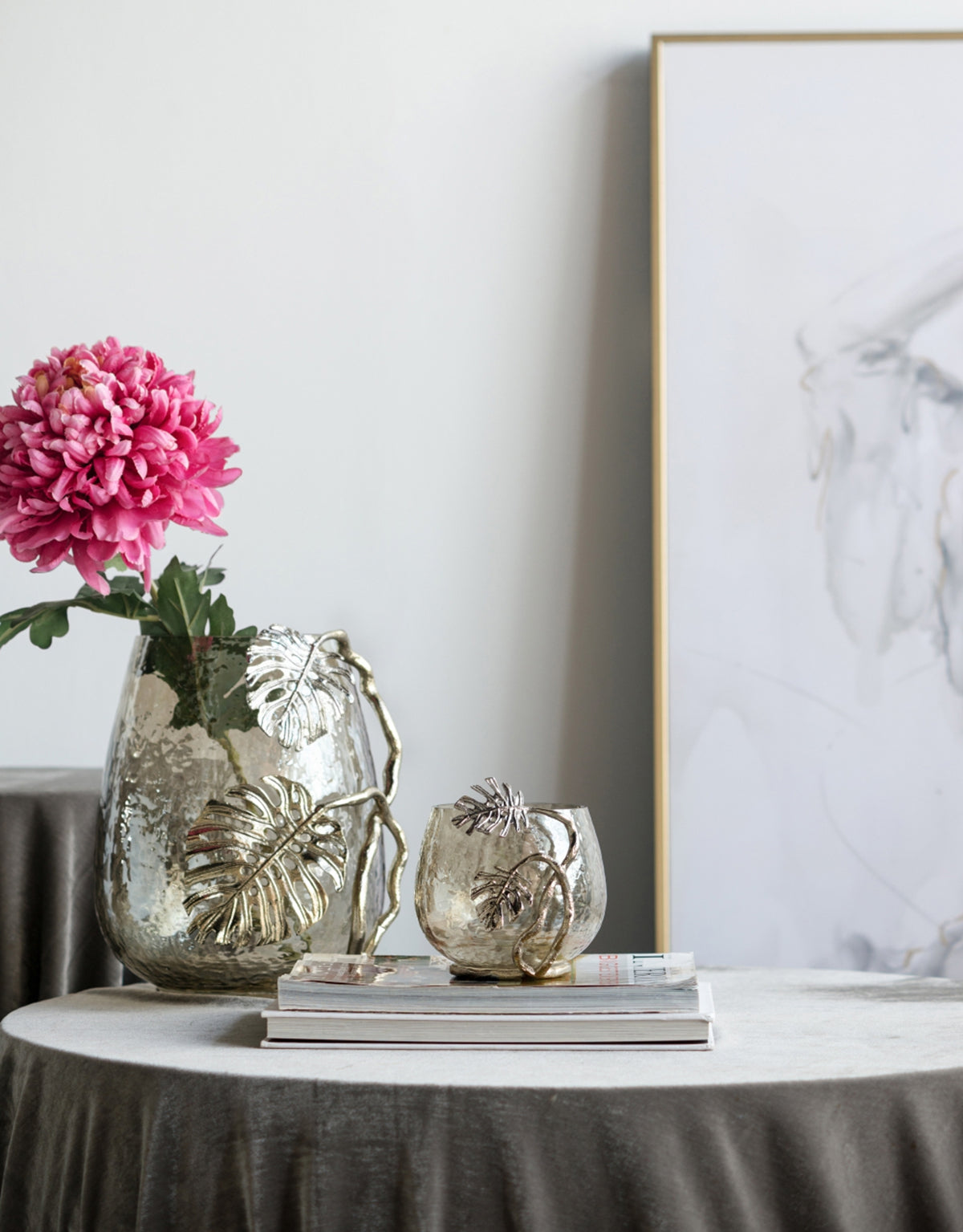 Palm Leaf Metal and Smoke Glass Candle Holder - Image 19