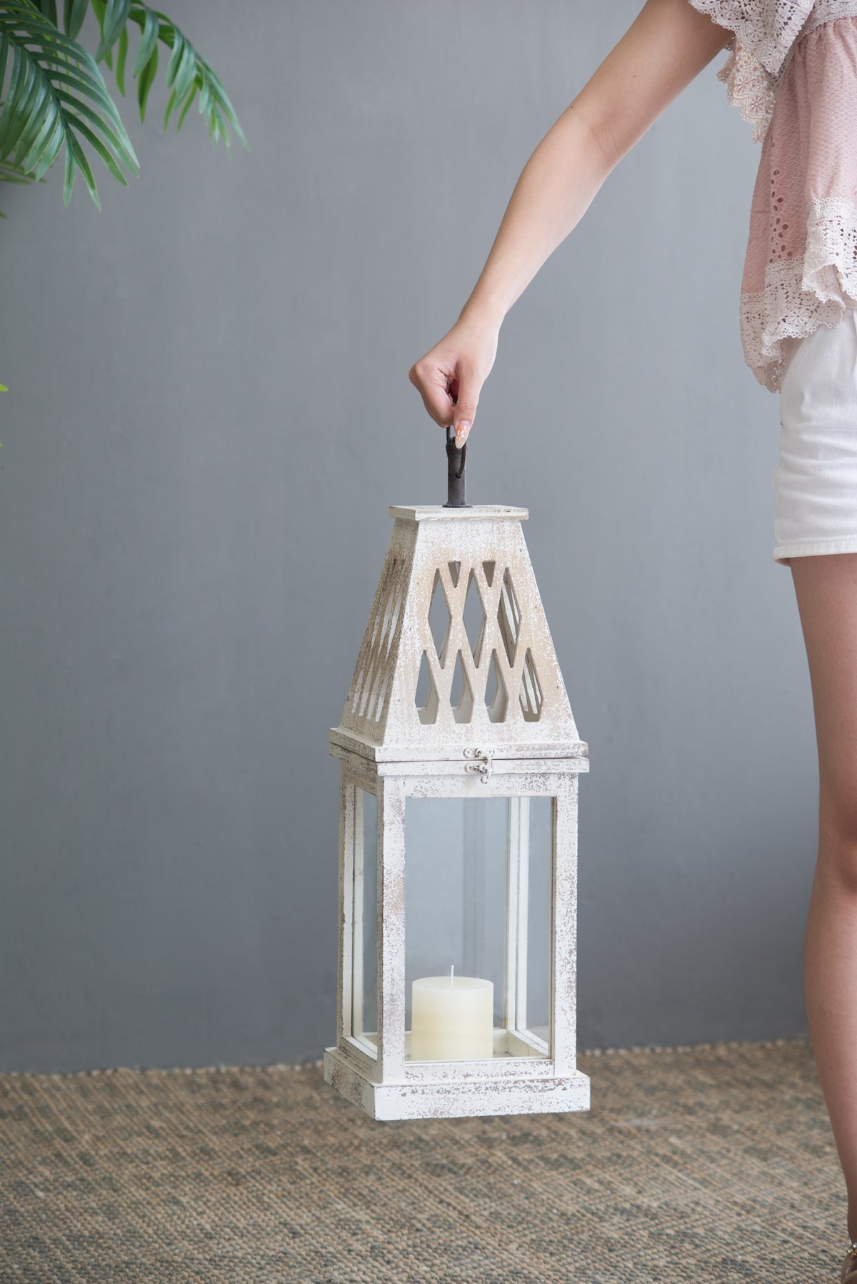 Weathered White Wood and Glass Lanterns Set of 2 - Image 6