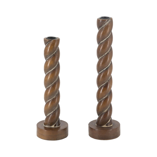 Spiral Birch Wood Taper Candle Holders Set of 2 - Image 1