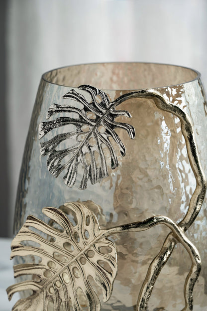 Palm Leaf Metal and Smoke Glass Candle Holder - Image 13