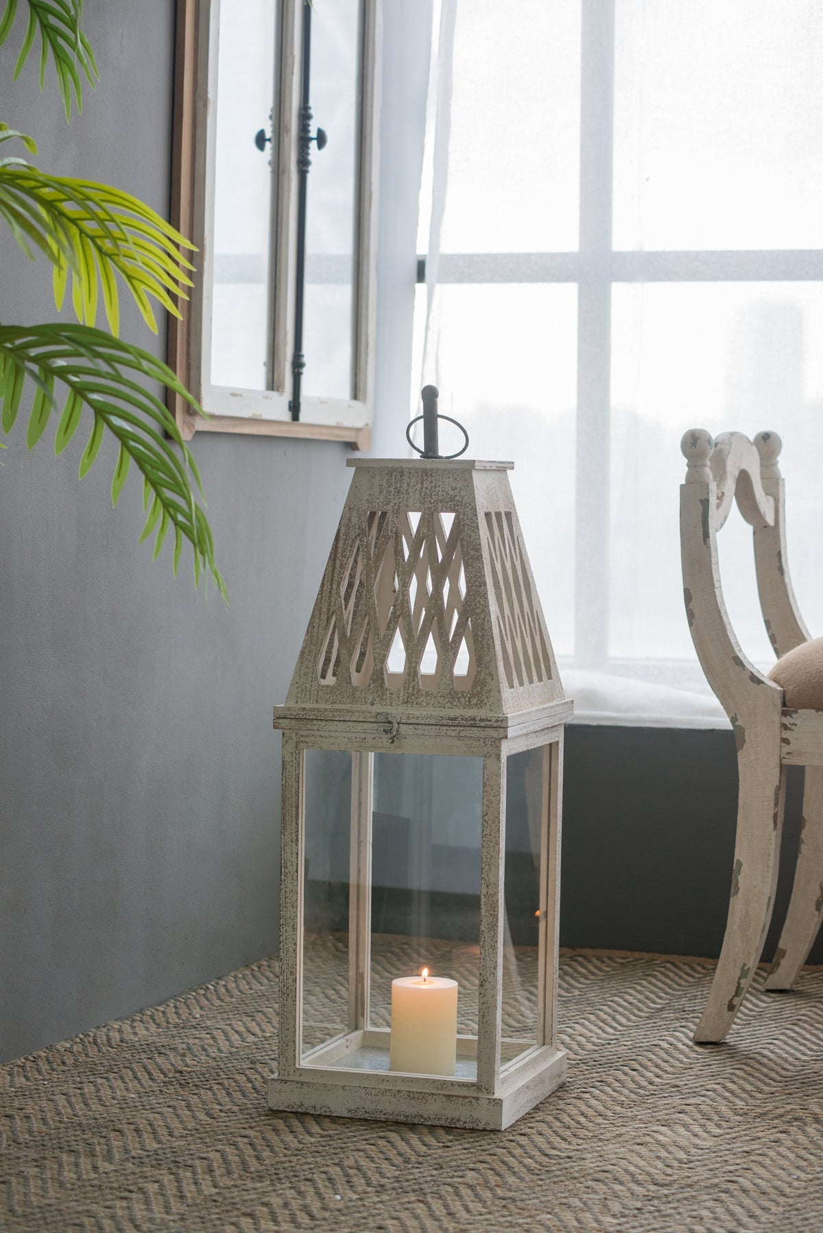 Weathered White Wood and Glass Lanterns Set of 2 - Image 9