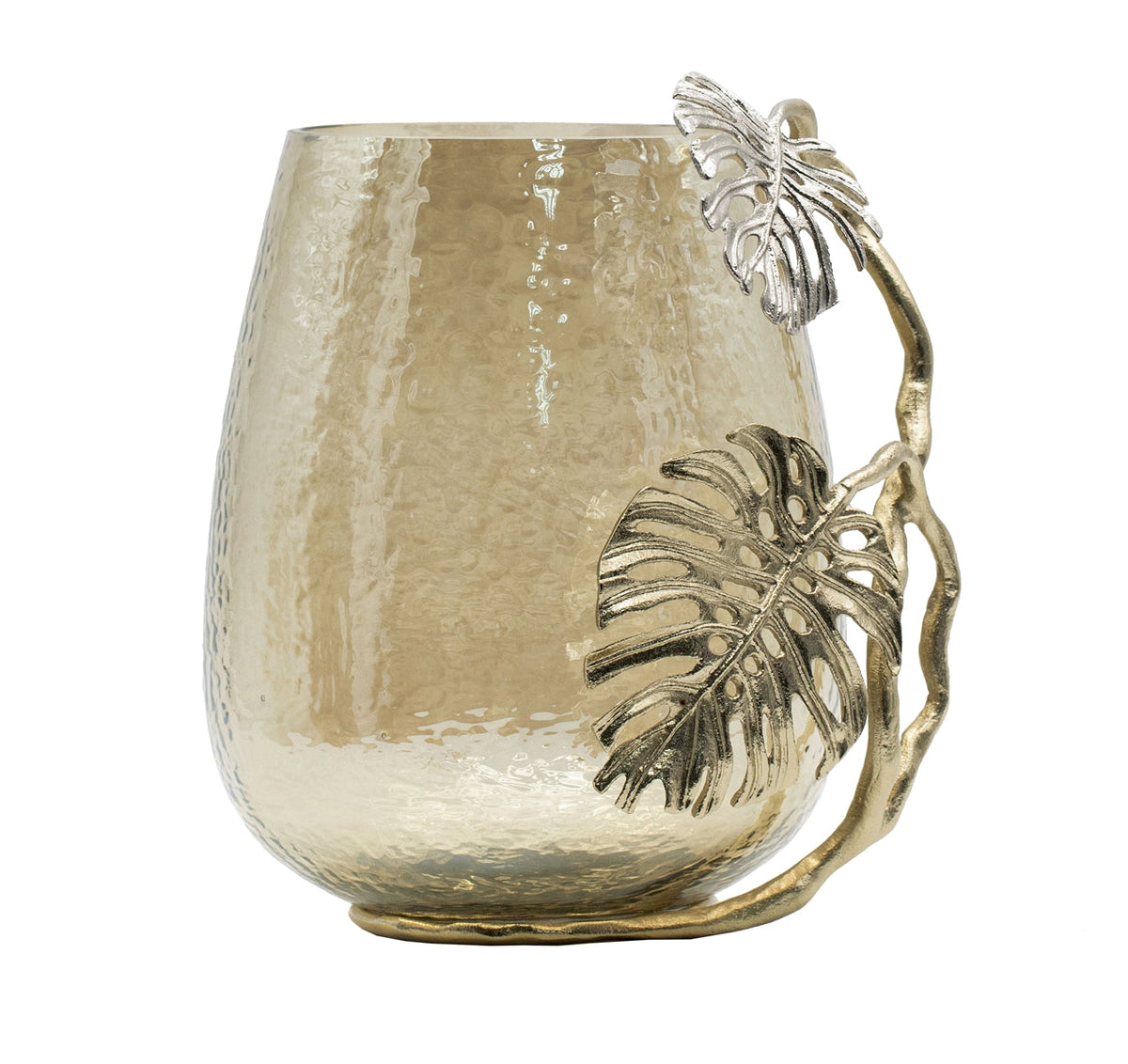Palm Leaf Metal and Smoke Glass Candle Holder - Image 4