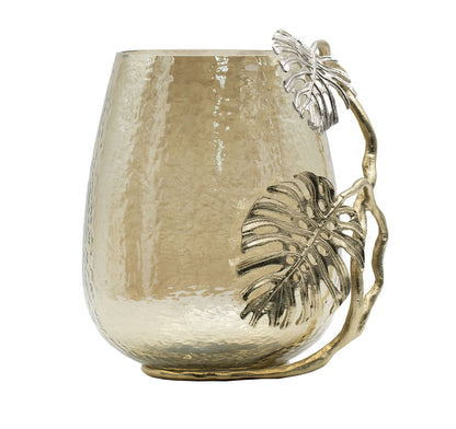 Palm Leaf Metal and Smoke Glass Candle Holder - Image 4