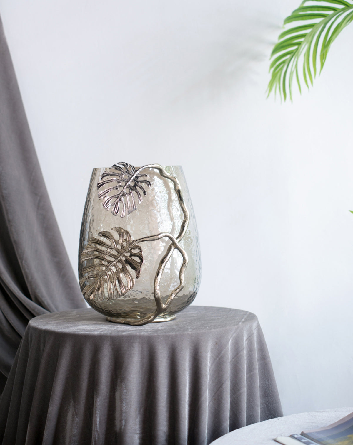 Palm Leaf Metal and Smoke Glass Candle Holder - Image 15