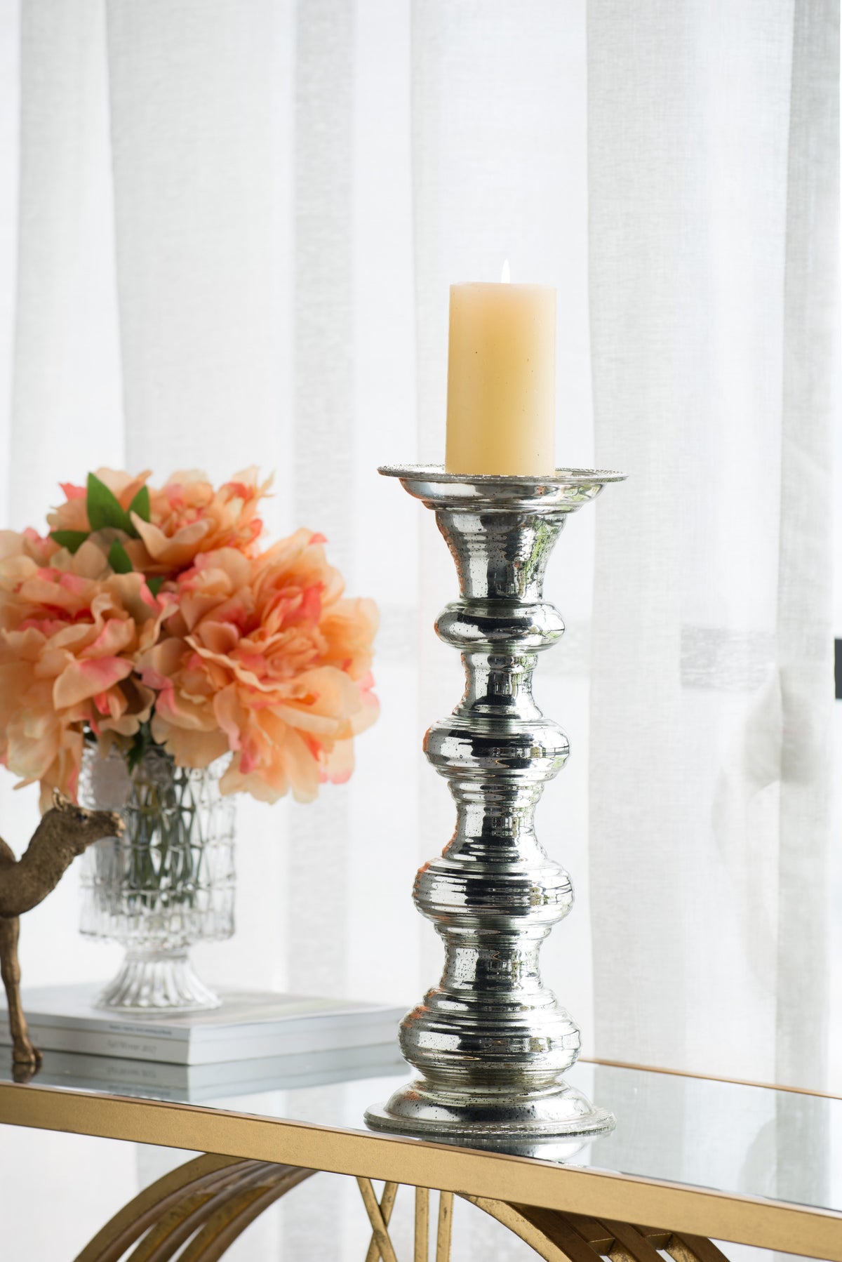 Antique Silver Ribbed Glass Pillar Candle Holder - Image 2