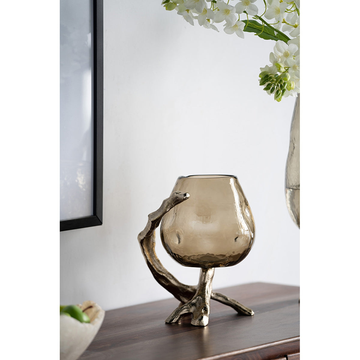 Gold Metal Pillar Candle Holder with Olive Glass Cup - Image 14