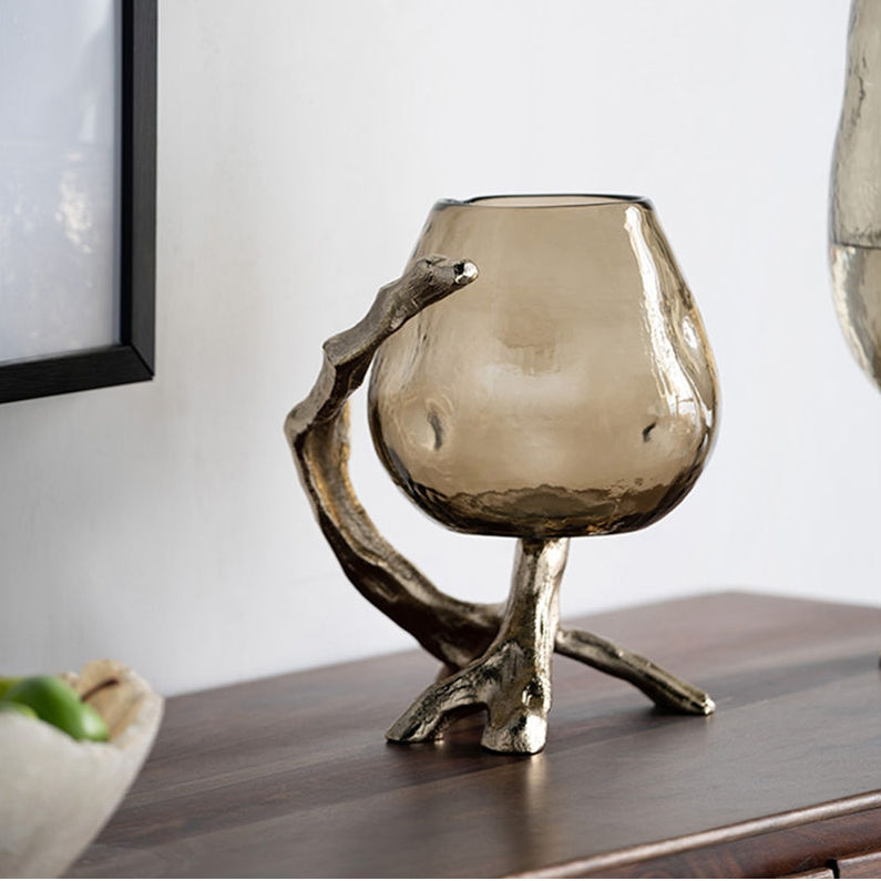 Gold Metal Pillar Candle Holder with Olive Glass Cup - Image 2