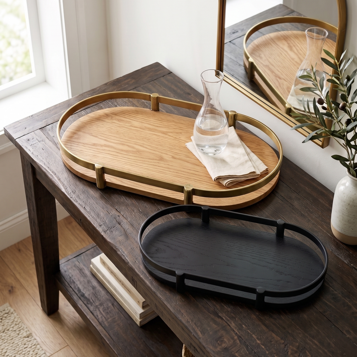 Oval Ash Wood Display Trays with Metal Rails Set of 2 - Image 2
