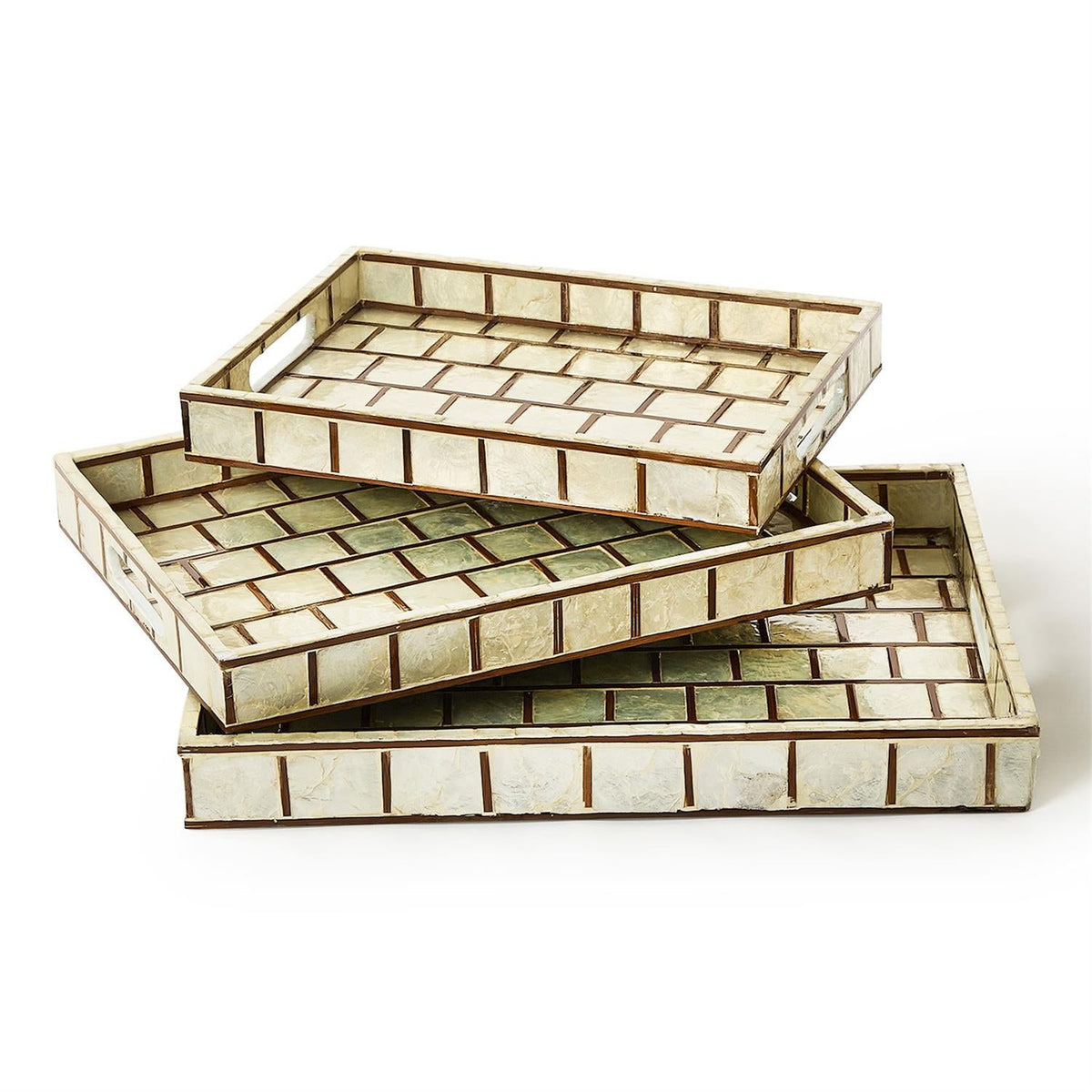 Bamboo and Capiz Shell Rectangle Trays with Handles Set of 3