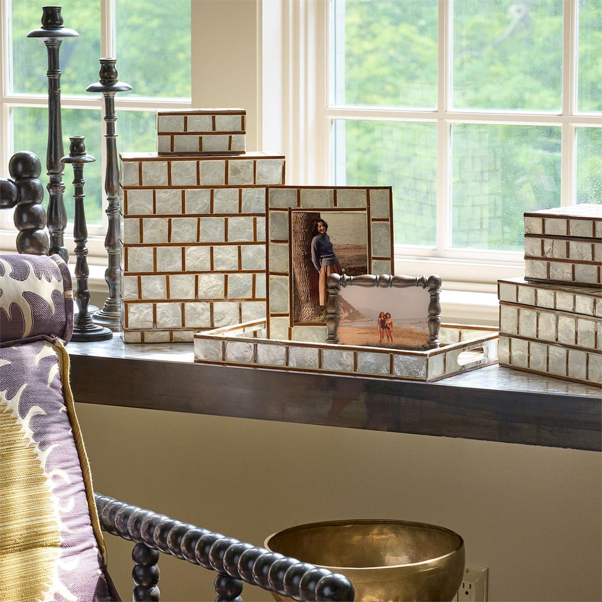 Bamboo and Capiz Shell Rectangle Trays with Handles Set of 3 - Image 2
