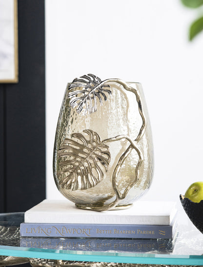 Palm Leaf Metal and Smoke Glass Candle Holder - Image 11