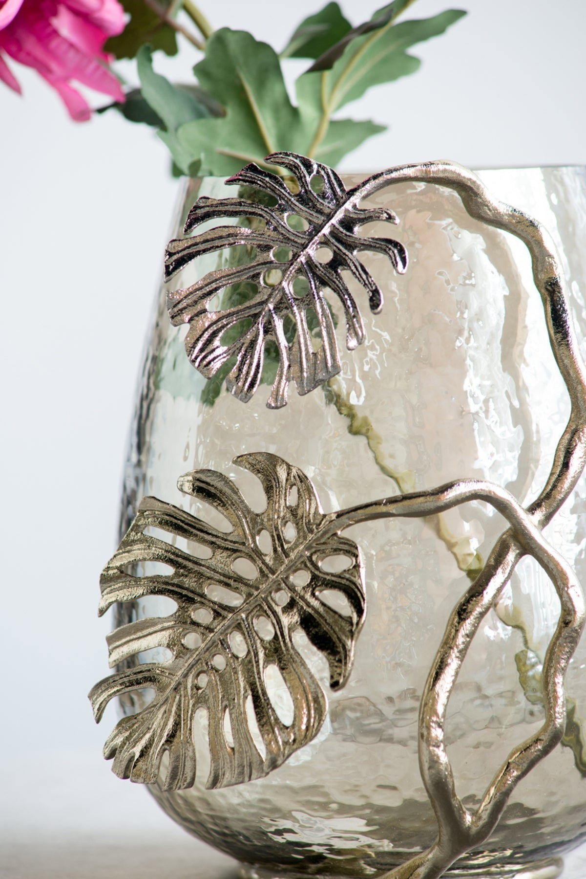 Palm Leaf Metal and Smoke Glass Candle Holder - Image 12