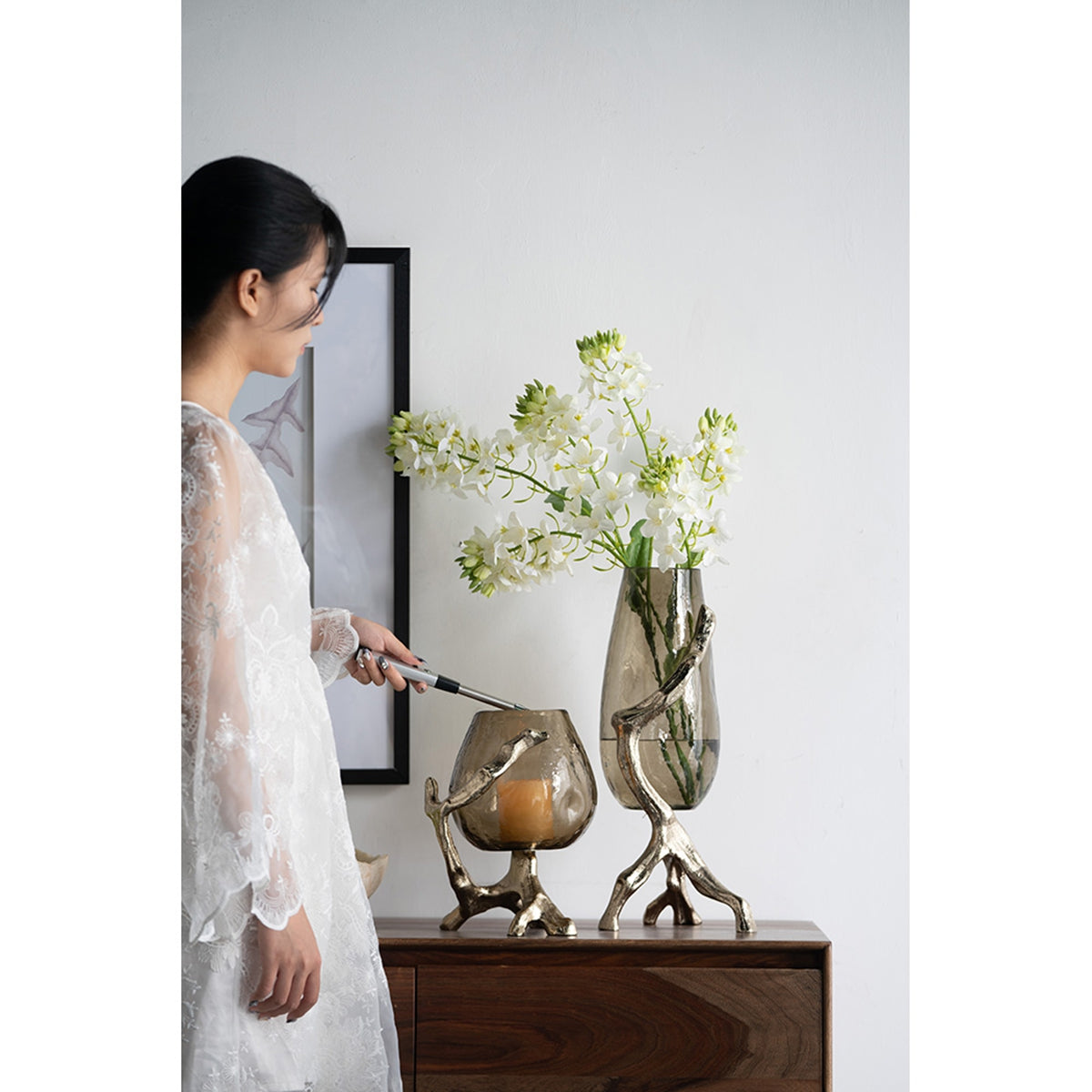 Gold Metal Pillar Candle Holder with Olive Glass Cup - Image 12