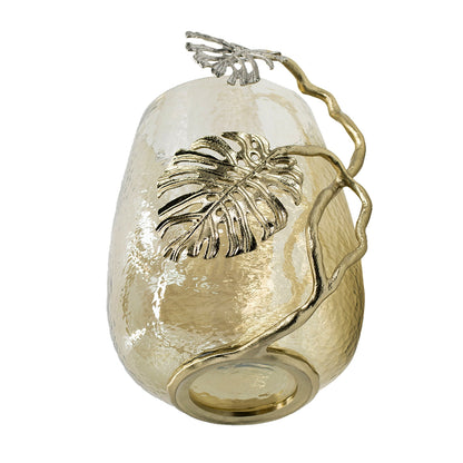 Palm Leaf Metal and Smoke Glass Candle Holder - Image 9