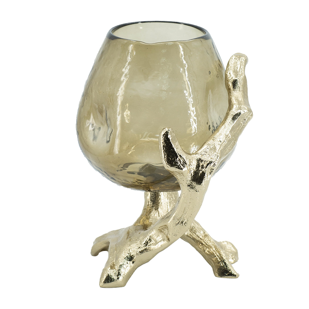 Gold Metal Pillar Candle Holder with Olive Glass Cup - Image 5