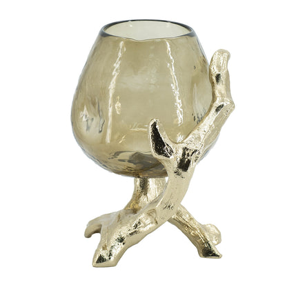 Gold Metal Pillar Candle Holder with Olive Glass Cup - Image 5
