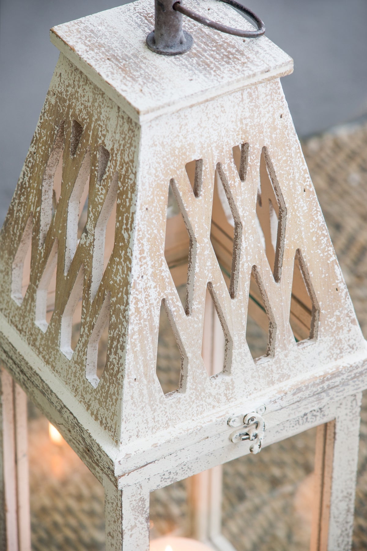 Weathered White Wood and Glass Lanterns Set of 2 - Image 8
