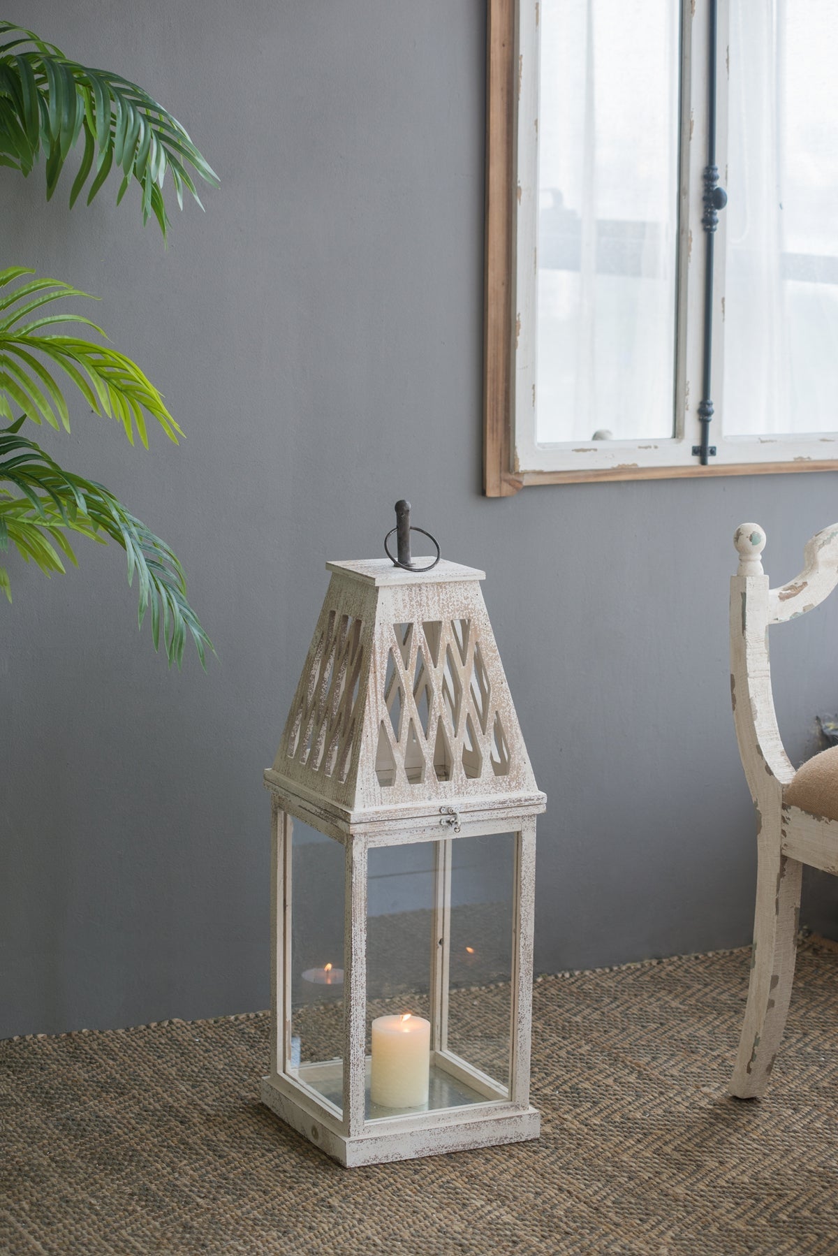 Weathered White Wood and Glass Lanterns Set of 2 - Image 10