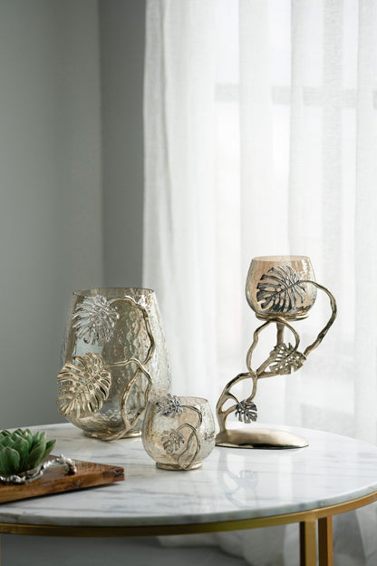 Palm Leaf Metal and Smoke Glass Candle Holder - Image 18