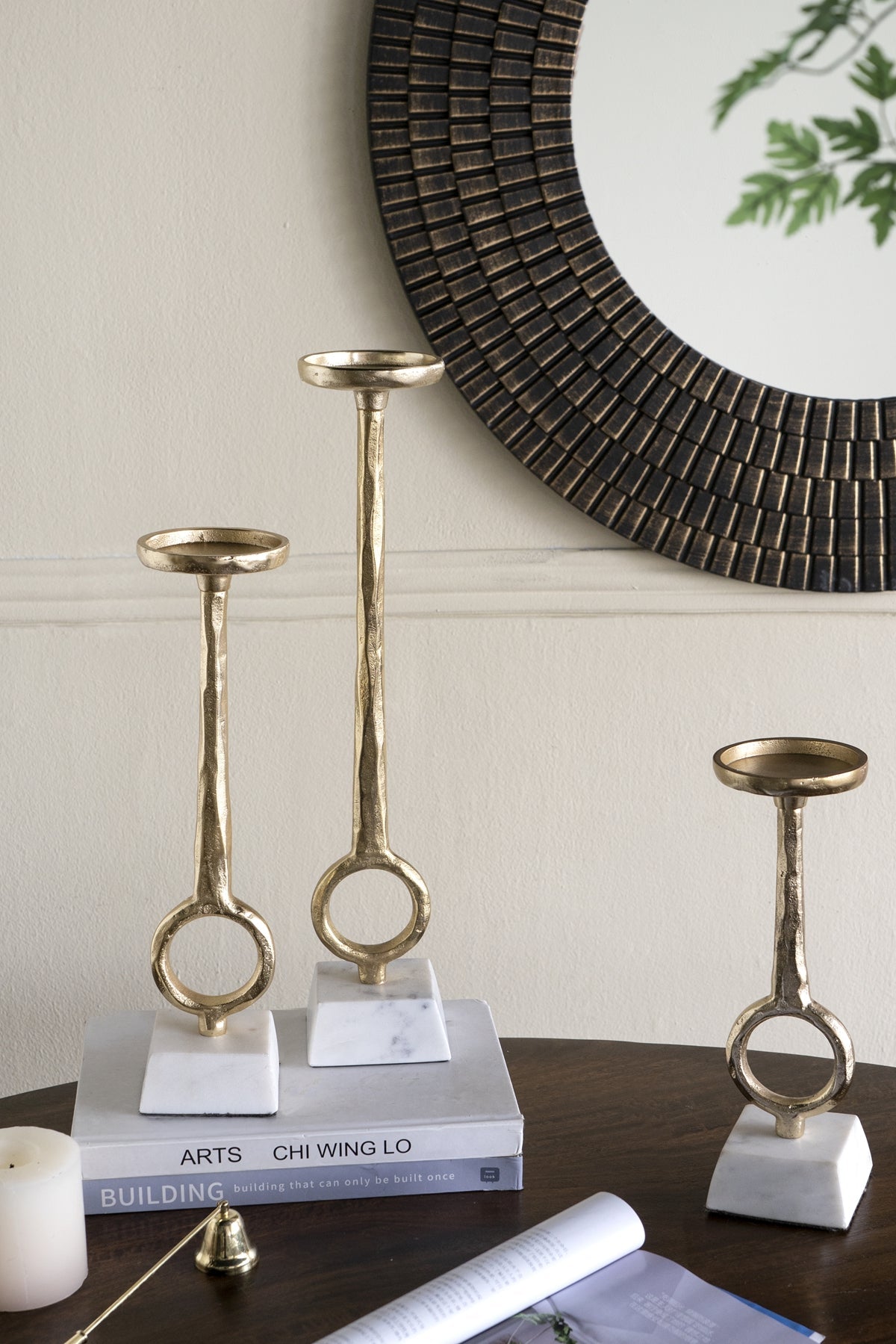 Gold Ring Pillar Candle Holders with Marble Bases Set of 3 - Image 6