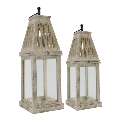 Weathered White Wood and Glass Lanterns Set of 2 - Image 1