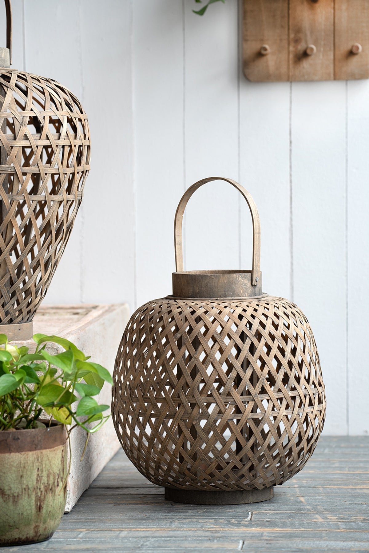 Oval Woven Wood Lantern with Glass Candle Cup - Image 2