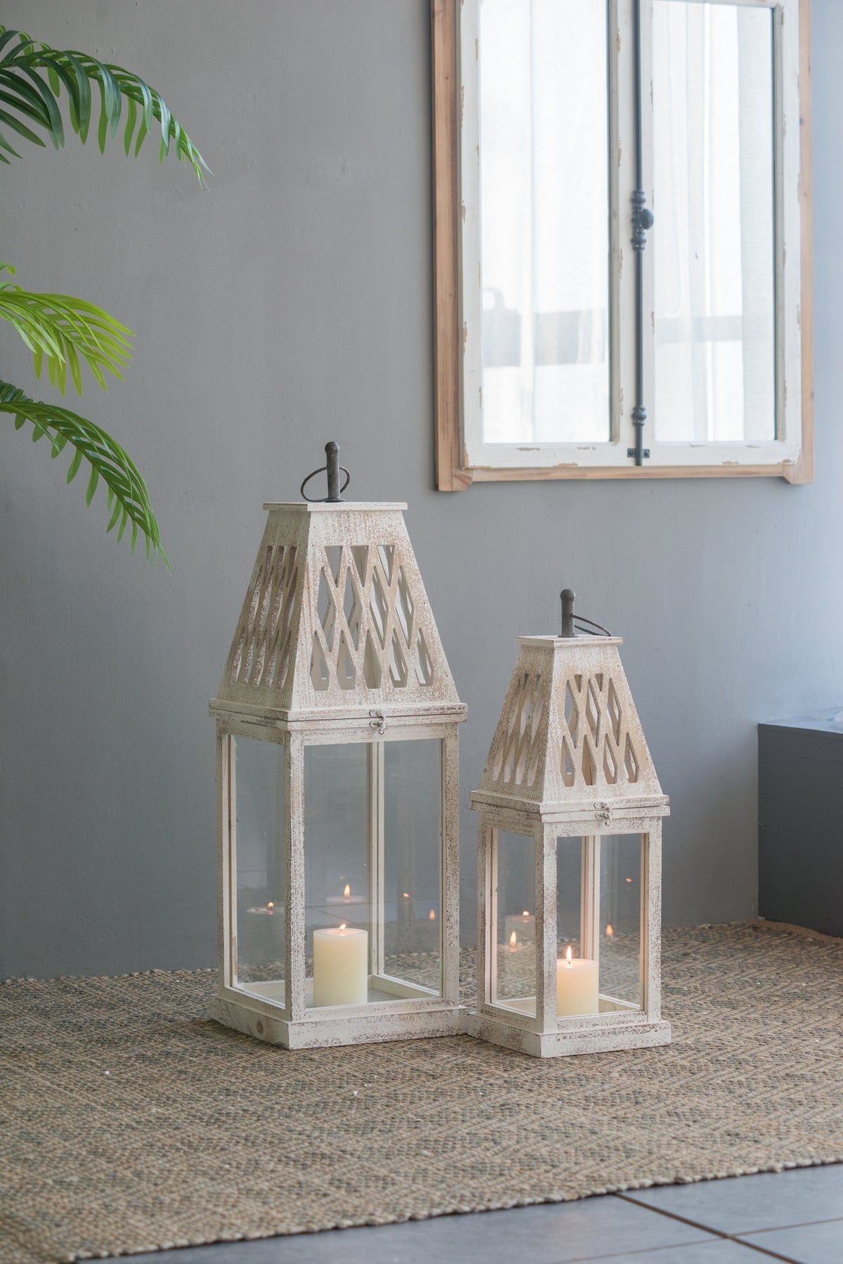 Weathered White Wood and Glass Lanterns Set of 2 - Image 12