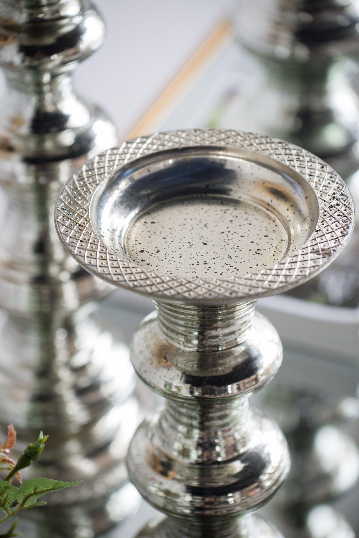 Antique Silver Ribbed Glass Pillar Candle Holder - Image 6
