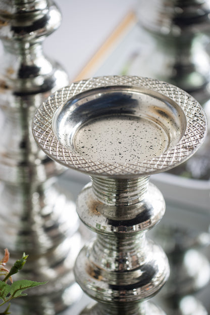Antique Silver Ribbed Glass Pillar Candle Holder - Image 6