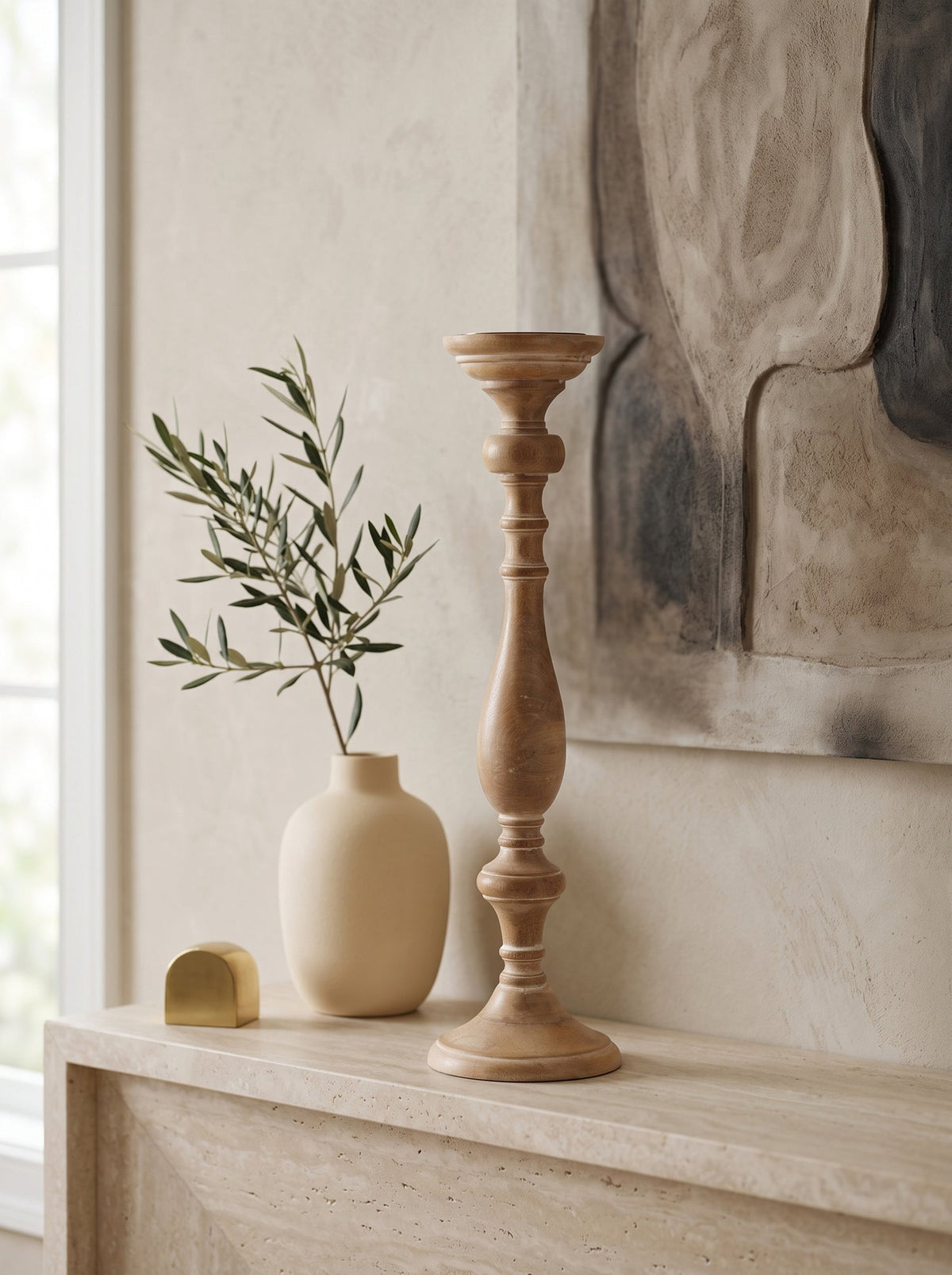 Distressed Brown Wood Pillar Candle Holders Set of 5 - Image 9