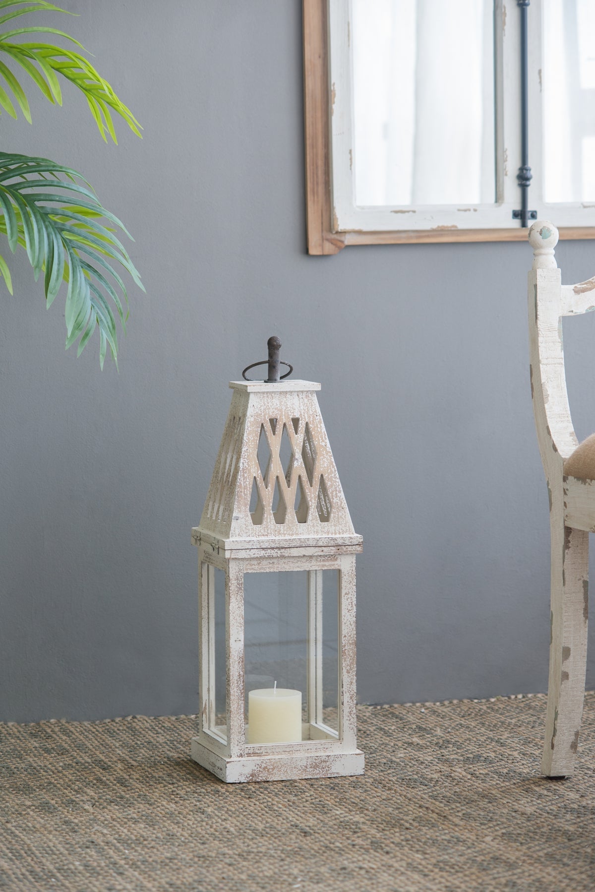 Weathered White Wood and Glass Lanterns Set of 2 - Image 4