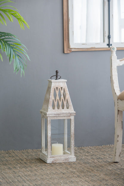 Weathered White Wood and Glass Lanterns Set of 2 - Image 4