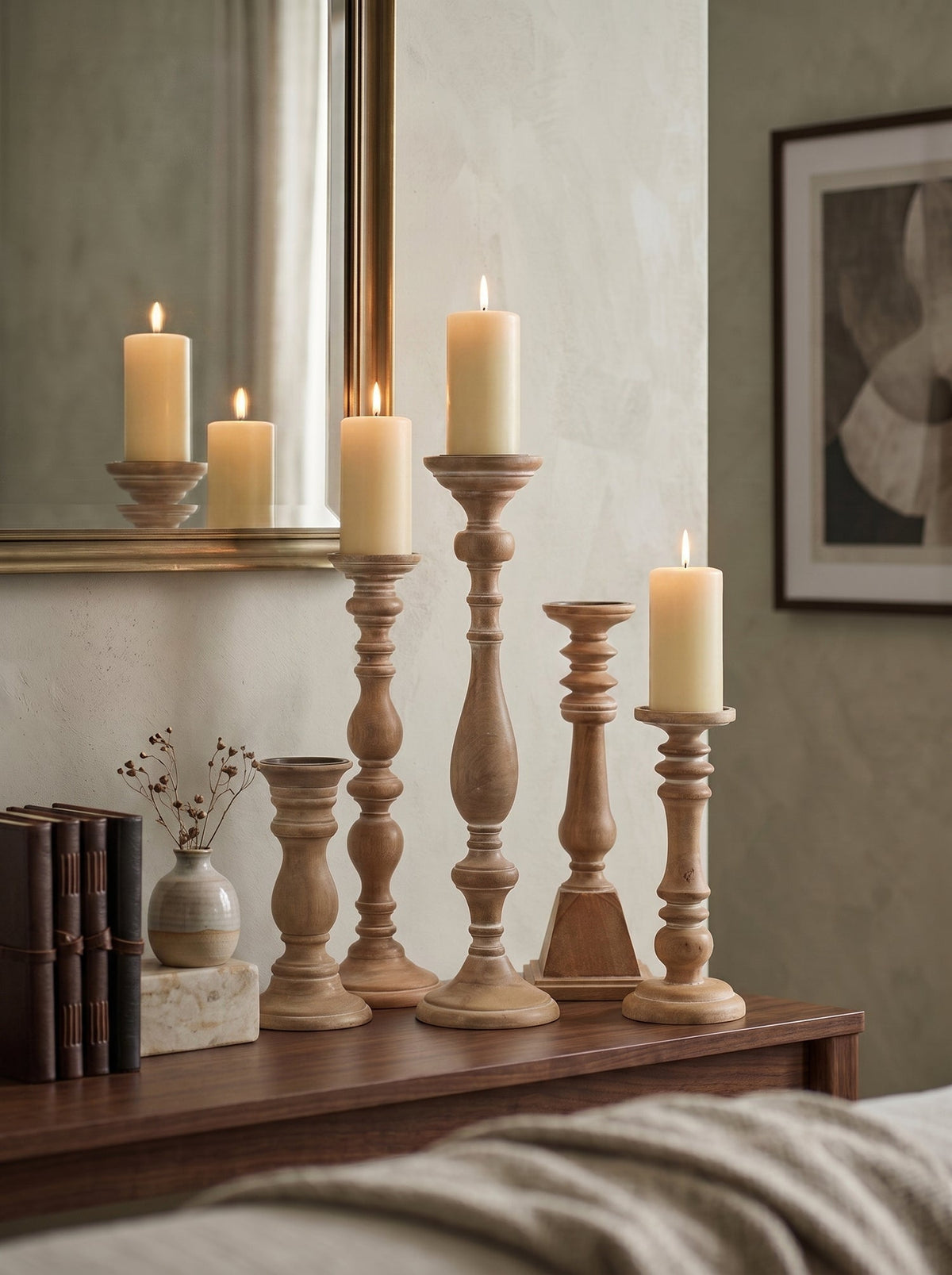 Distressed Brown Wood Pillar Candle Holders Set of 5 - Image 10